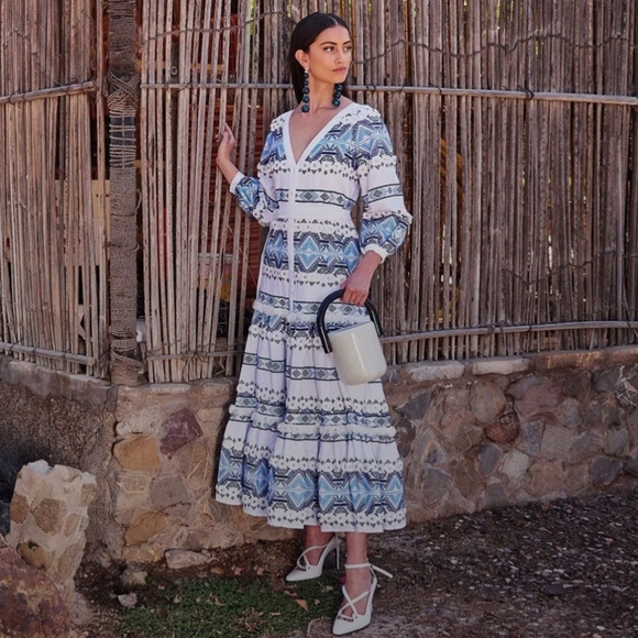 Alexis Maxi Dress Geometric Print Blue Embroidered Belted Quiet Luxury XS - Picture 1 of 15